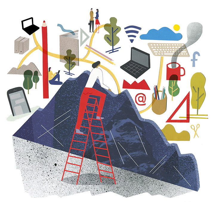 An illustration of a person in red trousers climbing a red ladder up a dark blue mountain. Surrounding them is a collage of floating objects, including a laptop, a pencil, a smartphone and a red mug.