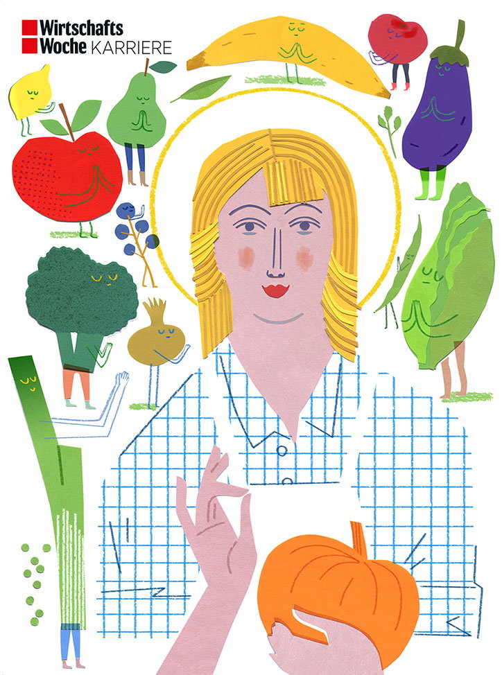An illustration of a person with blonde hair and a halo, wearing a blue grid-patterned shirt. They are surrounded by anthropomorphic vegetables and fruits, including a pumpkin, a broccoli floret and an eggplant. In the top left, a logo reads “Wirtschafts Woche KARRIERE”.
