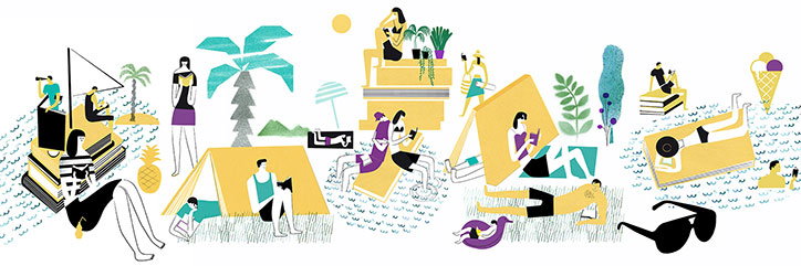 An illustration of various people relaxing in a bright, surreal outdoor landscape. Figures lounge on oversized books, tents and floating rafts amidst palm trees and abstract shapes.