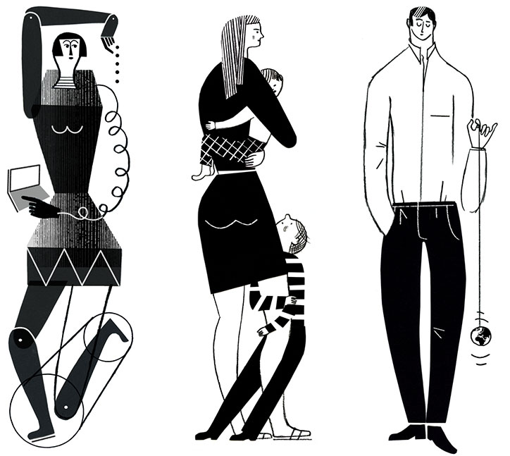 A black and white illustration of three figures. The first is a robotic person holding a laptop, the second is a person holding a child with another figure clinging to their leg, and the third is a person holding a small globe on a string.