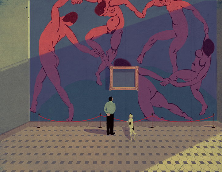 An illustration of a person and a dog standing in a gallery, looking at a large mural. The painting depicts several nude figures in shades of red and purple, dancing in a circle around a small, empty gold frame.