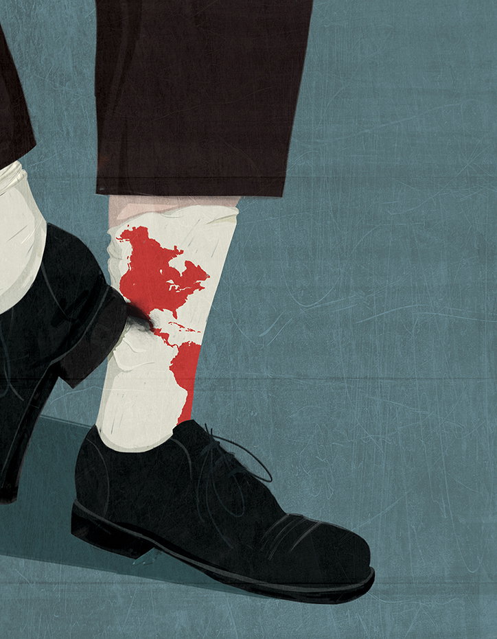 An illustration of a person’s lower legs and feet, wearing dark trousers and black dress shoes. A red map of North America is printed on their white socks.