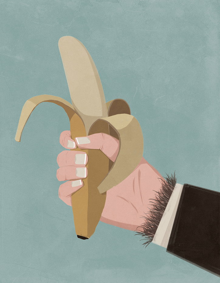 An illustration of a hand holding a peeled banana as if it were a telephone. The hand wears a dark suit jacket with a white cuff and a textured brown trim.