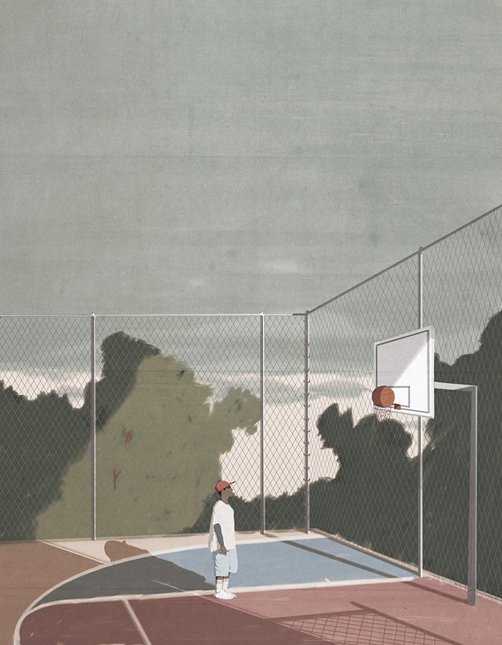 An illustration of a person standing alone on an outdoor basketball court. They look up at a basketball hoop, with a chain-link fence and dense green trees behind them.