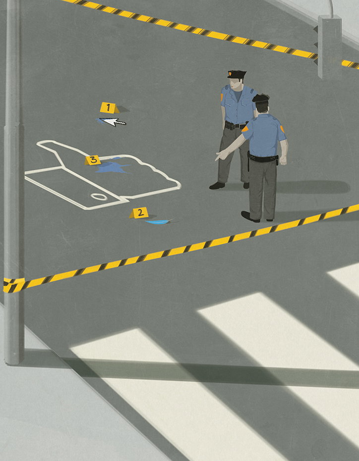 An illustration of two police officers standing at a crime scene on a city street. A chalk outline of a body is marked on the grey tarmac, surrounded by yellow evidence markers and police tape.
