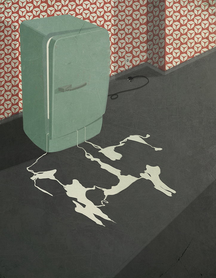 An illustration of a mint green fridge standing against a red and white patterned wall. A white liquid leaks from the base, forming a large, abstract puddle on the dark grey floor.