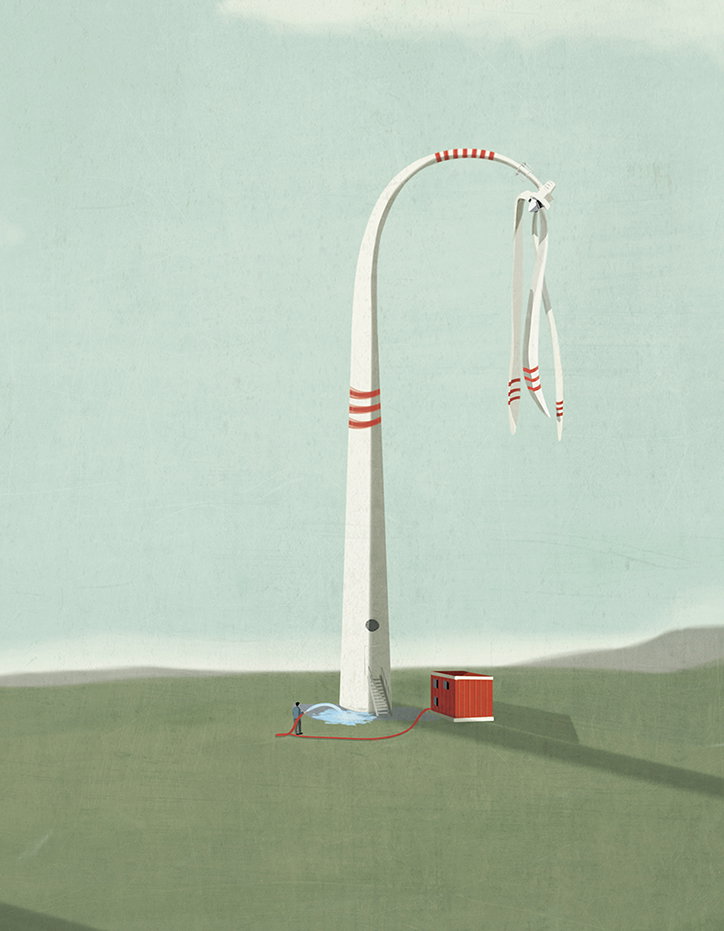 An illustration of a towering, white curved structure that bends over like a hook in a flat green landscape. A small red building and a lone figure stand at its base under a pale sky.