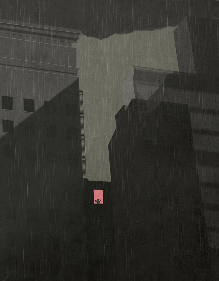 An illustration of towering, dark grey buildings under a heavy rain. A single small window glows pink, revealing the silhouette of a person looking out.