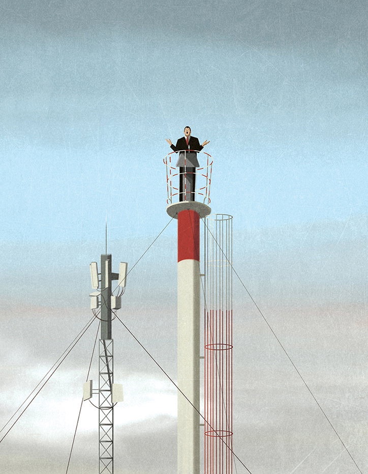 An illustration of a person in a suit standing atop a tall, white and red concrete pillar. They hold their arms out wide, looking up at a pale blue sky. A metal telecommunications tower stands beside them.