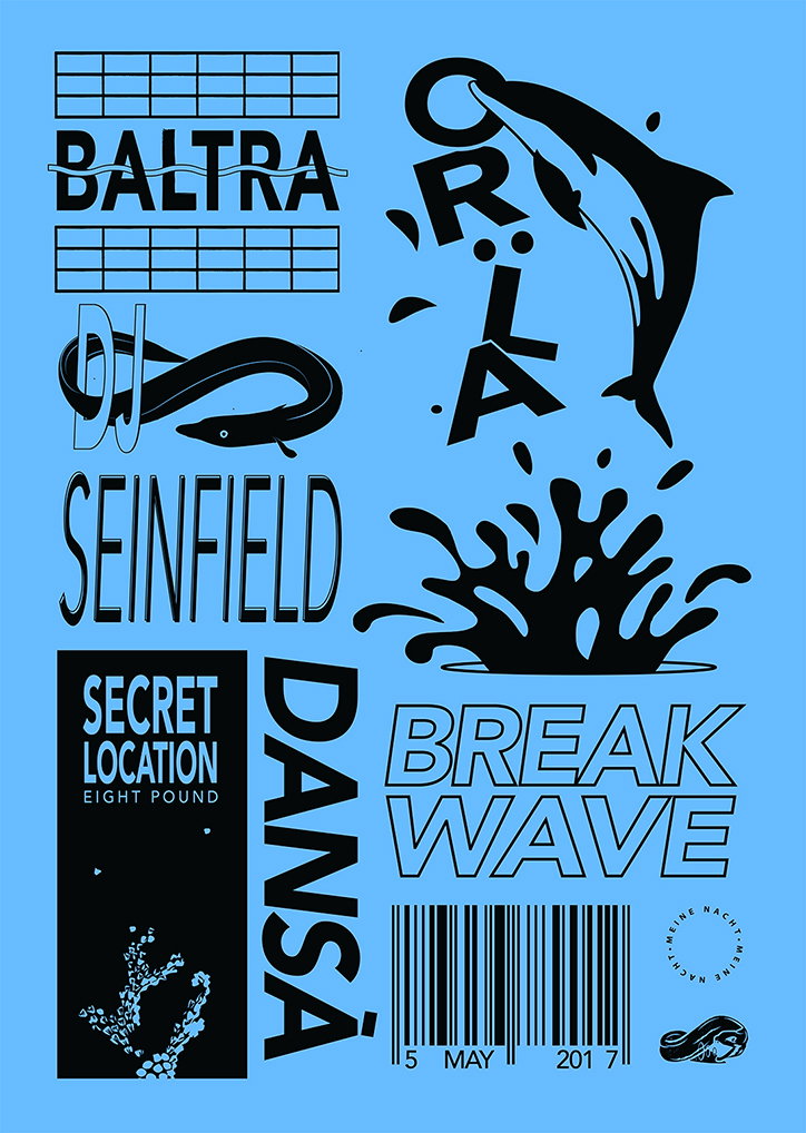 A blue poster featuring black graphic elements and typography. It lists the artists “Baltra”, “Dj Seinfeld” and “Dansa”, alongside the event title “Break Wave”. A black rectangle in the lower left reads “Secret Location” and “Eight Pound”. A barcode at the bottom is marked “5 May 2017”.