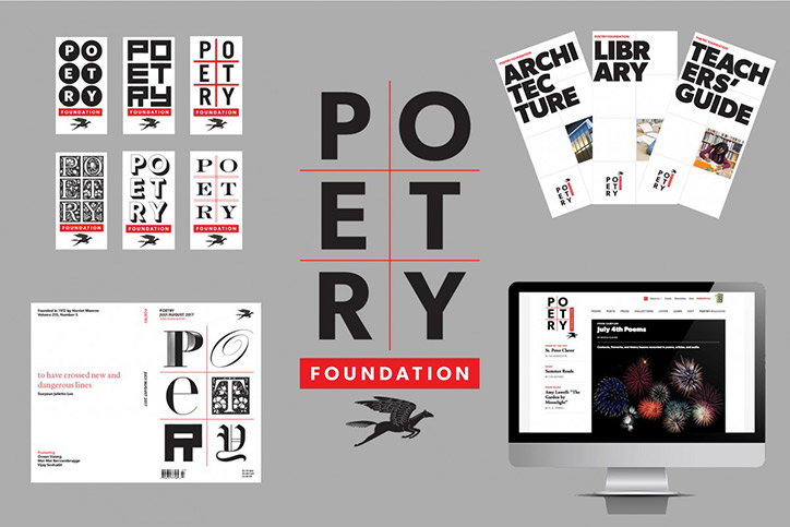 A branding showcase for the Poetry Foundation, featuring a bold black and red logo. The layout includes various magazine covers, a website displayed on a monitor, and brochures titled “Architecture”, “Library” and “Teachers’ Guide”.