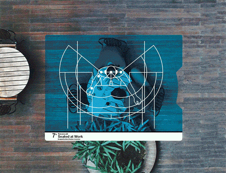 An animation in which a blue graphic overlay of white geometric lines and a person’s silhouette shifts across different backgrounds. A white label at the bottom reads “7 Seated at Work”.