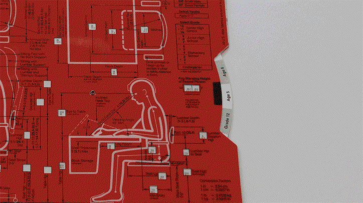 A technical diagram on a red background shows a white outline of a person sitting at a desk. The image is filled with precise measurements, labels and architectural annotations.