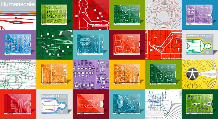 A grid of 24 colourful technical diagrams and instructional guides from the “Humanscale” series. The images feature white line drawings of human figures and measurements set against bold red, green, blue, yellow and purple backgrounds.