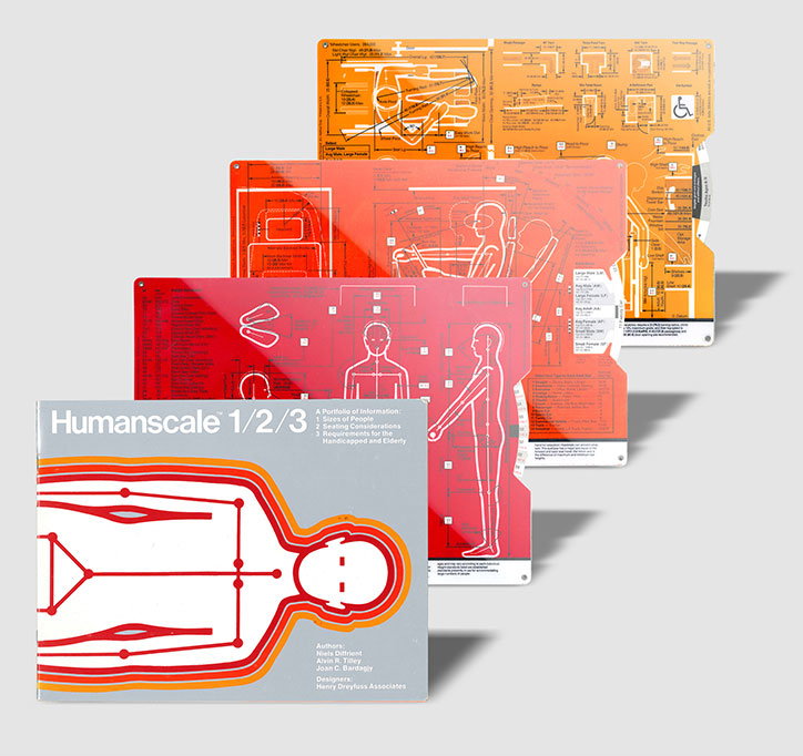 A set of translucent red and orange plastic guides and a white book. The book cover reads “Humanscale 1/2/3” and features a red line drawing of a person lying down.