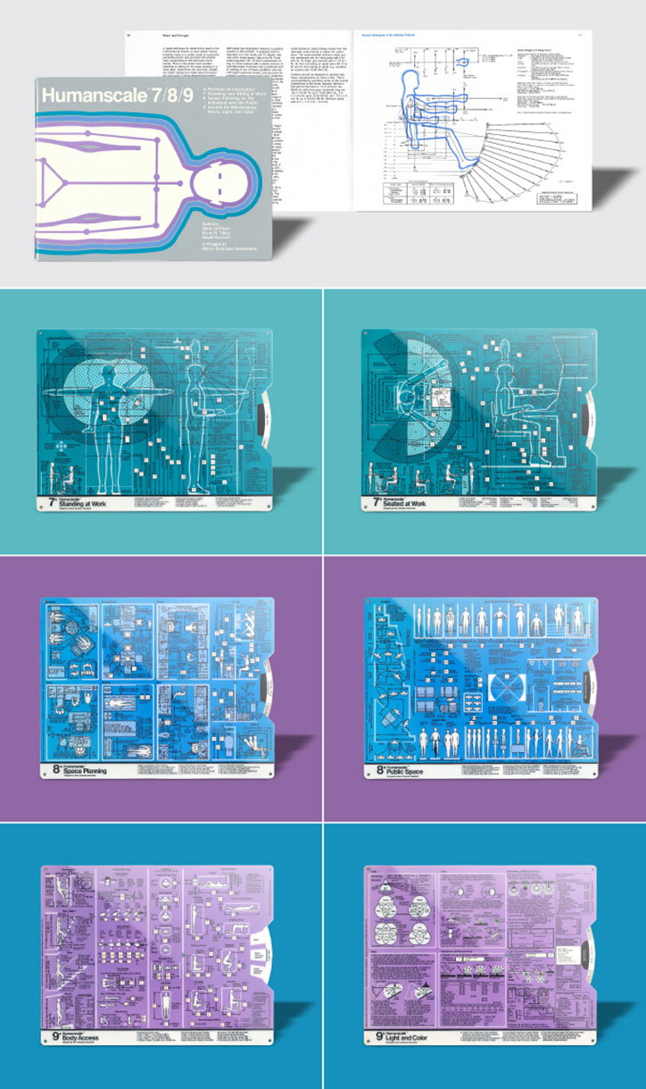 A series of pages from the book Humanscale 7/8/9. The layout features technical diagrams of human proportions and ergonomics in blue and purple tones. The pages include detailed schematics of people standing and sitting, alongside grids for “Space Planning” and “Public Space”. One page focuses on “Body Access” and another on “Light and Color”.