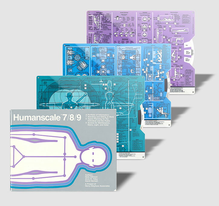 A set of technical diagrams and a book titled “Humanscale 7/8/9”. The book and accompanying blue and purple sheets feature anatomical outlines and measurements of people in various poses.