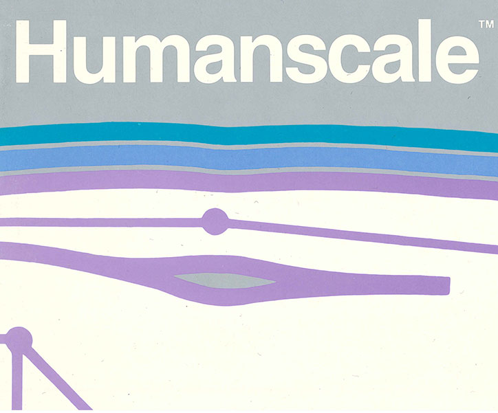 An illustration featuring the word “Humanscale” in bold white type against a grey background. Below the text, flowing horizontal bands of blue and purple wave across a pale cream field.