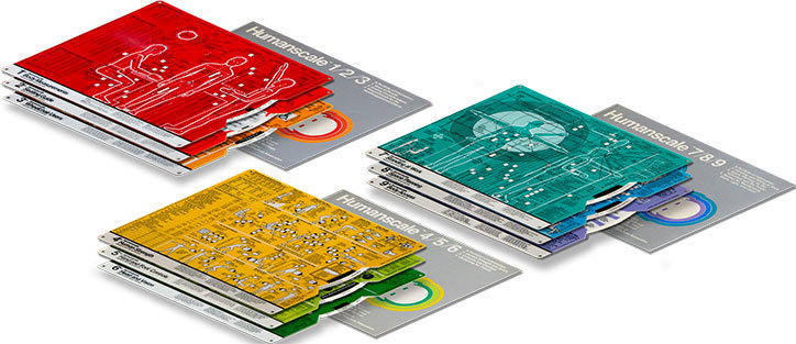 Four stacks of technical diagrams in red, yellow, green and blue. Each set is paired with a grey cover sheet titled “Humanscale” followed by a series of numbers.