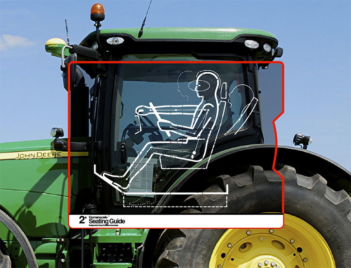 A green John Deere tractor with a white line drawing of a person sitting in the driver's seat laid over the cab. A white banner at the bottom reads “Seating Guide”.