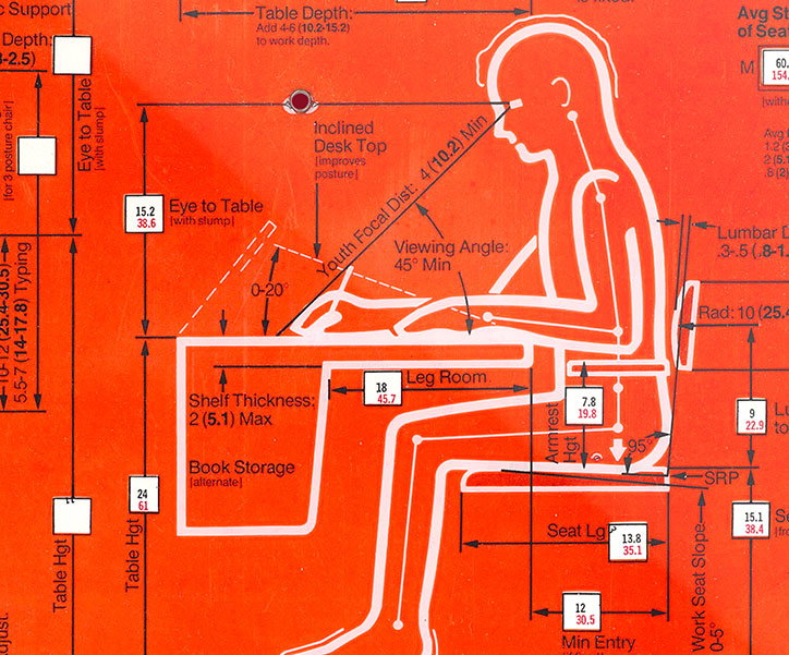 An infographic on a bright red background shows a white outline of a person sitting at a desk. Technical measurements and labels, such as “Table Depth” and “Viewing Angle”, are marked with thin lines and arrows.