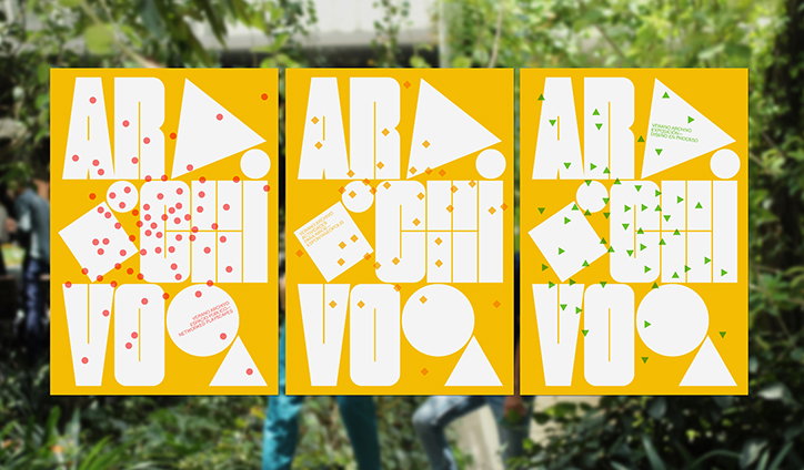 Three yellow posters feature bold, white abstract typography that reads “ARCHIVOO”. Each poster uses a different accent colour – red, yellow and green – for small geometric shapes scattered across the layout.
