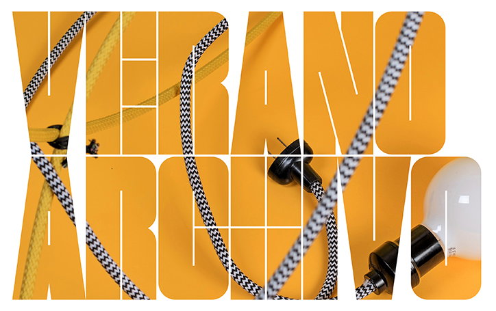 Black and white braided electrical cables wind across a bright yellow background. The cables are framed within bold, orange typographic shapes that read “VERANO ARCHIVE”.