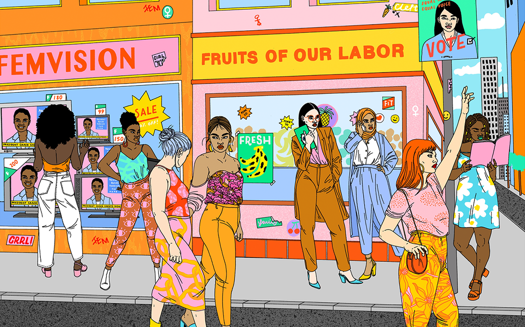 An illustration of a busy city street featuring several people walking past storefronts. One shop is called “Femvision” and another reads “Fruits of Our Labor”.