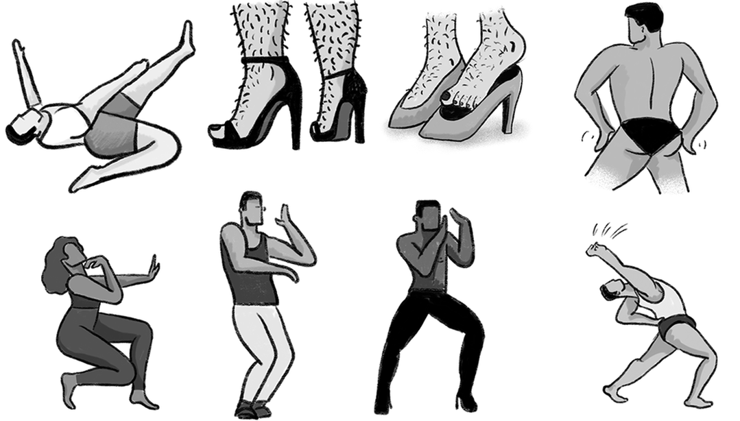 A series of black and white illustrations showing figures in various expressive poses. The images include a person falling backwards, hairy legs in high heels, and figures dancing or gesturing.