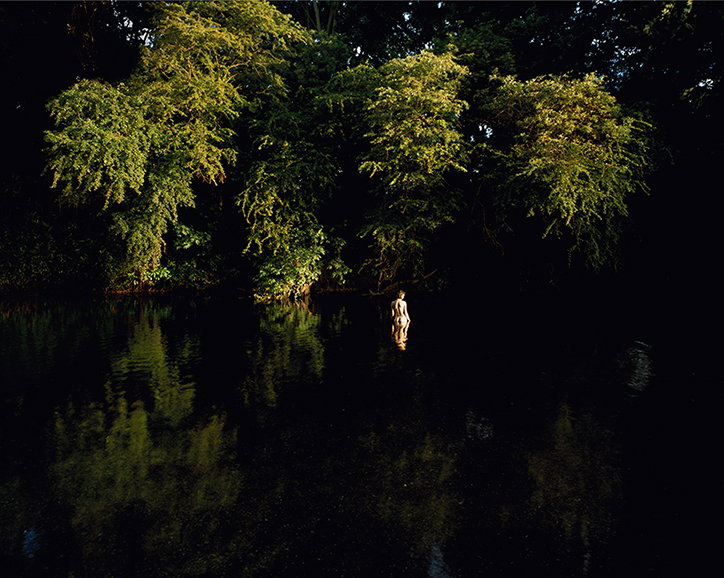 A person stands waist-deep in a dark, still lake. Behind them, a dense canopy of trees is illuminated by a bright, focused light against a black background.