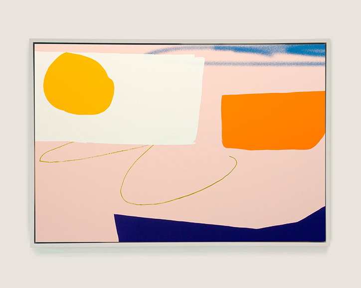 An abstract painting featuring bold, colourful shapes on a pale pink background. A large white rectangle contains a yellow circle, while an orange block sits to the right and a dark blue shape anchors the bottom.