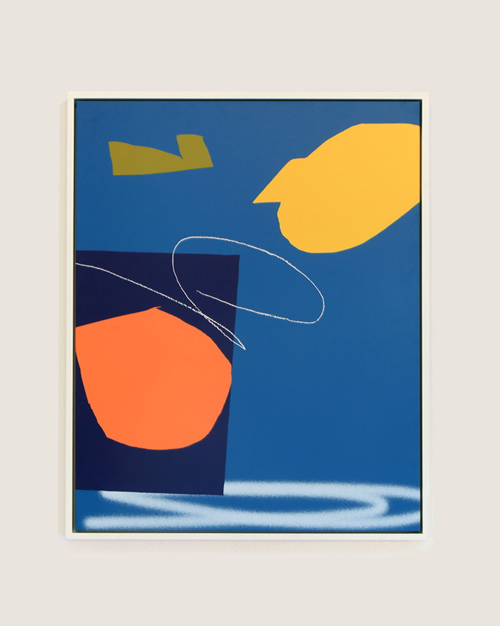 An abstract painting featuring bold, colourful shapes on a deep blue background. A large orange circle sits within a dark navy rectangle, while a yellow form and a small olive green shape float above.