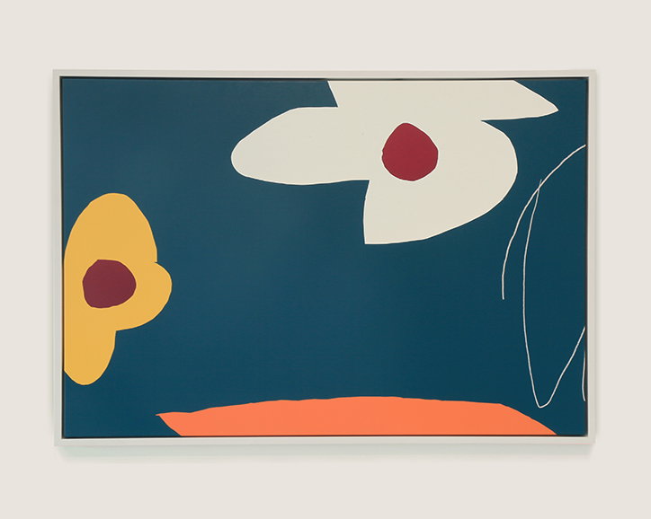 An abstract painting with a deep blue background. It features organic shapes in white, yellow and orange, with two small red circles acting as centres.