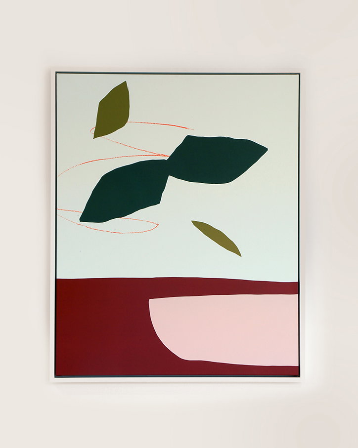 An abstract painting featuring organic shapes in dark green, olive, and deep red against a pale mint background. A soft pink oval sits at the bottom, intersected by thin, scribbled red lines.