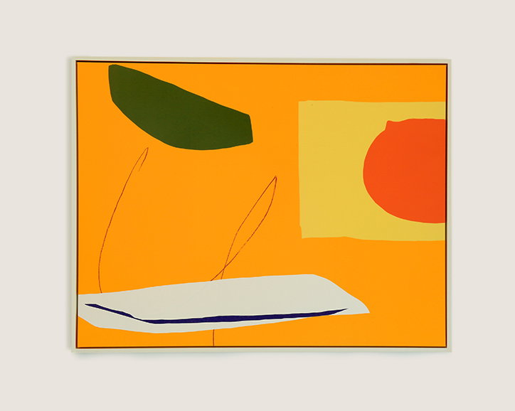 An abstract painting with a bright orange background. It features a dark green organic shape, a yellow rectangle containing a red circle, and a white form with a dark blue edge at the bottom.