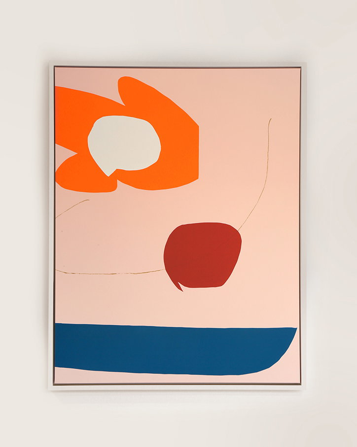 An abstract painting on a pale pink background. It features a large orange shape with a white circle, a deep red oval, and a bold blue band across the bottom.