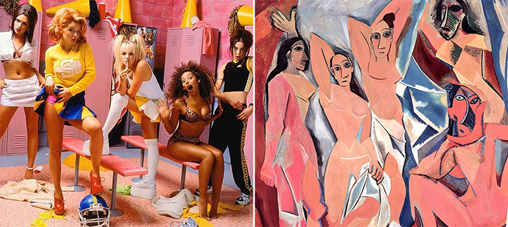A split image showing two different compositions of figures. On the left, five people pose in a pink locker room wearing cheerleader and athletic outfits. On the right, a painting depicts several stylised, nude figures in a cubist style with fragmented forms and a muted colour palette.