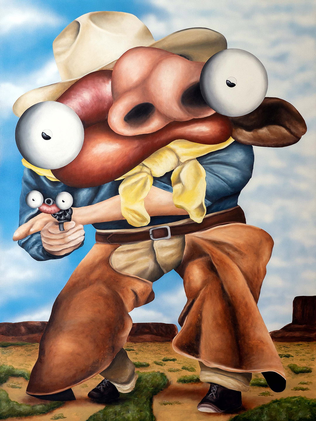 A surreal painting of a figure dressed as a cowboy in a desert landscape. The figure has a large, fleshy, distorted face with two oversized bulging eyes and a wide nose. They wear a wide-brimmed hat, a blue shirt with a yellow neckerchief, and brown chaps, while holding a small pistol.