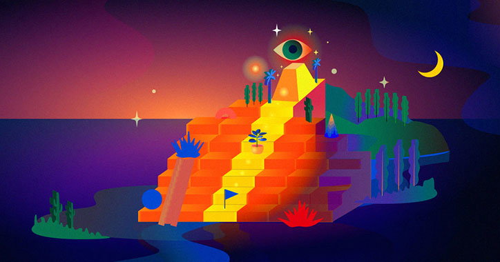 An illustration of a colourful, stepped pyramid under a dark purple sky with a crescent moon. A large, glowing eye floats at the peak, overlooking a landscape of abstract plants and geometric shapes.