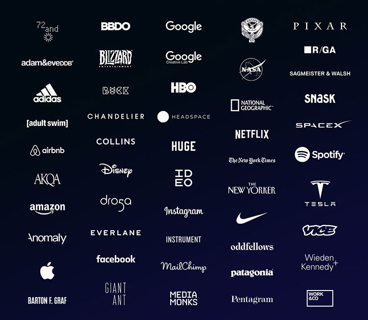 A grid of white logos and wordmarks set against a dark blue background. Recognisable brands include “Google”, “Disney”, “Netflix”, “Nike”, “Apple” and “Tesla”.