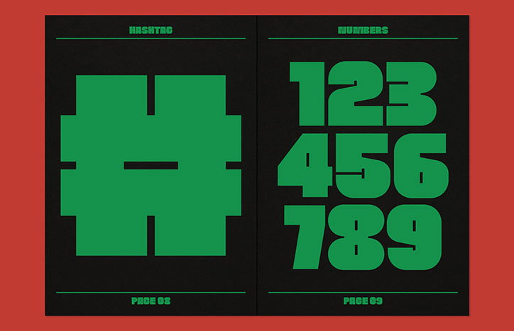 Two black pages with green typography set against a red background. The left page features a large, blocky hashtag symbol under the word “HASHTAG”, while the right page shows the numbers 1–9 under the word “NUMBERS”.
