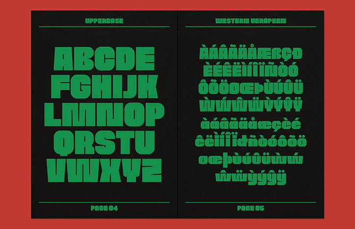 Two pages from a typeface specimen book on a red background. The left page shows a bold, green uppercase alphabet under the heading “UPPERCASE”, and the right page displays Western European characters under “WESTERN EUROPEAN”.