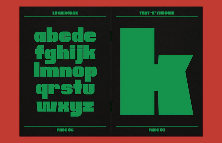 Two pages of a typography specimen book in green and black. The left page shows the lowercase alphabet, while the right page features a large, bold letter “k” under the heading “That ‘k’ though!”.