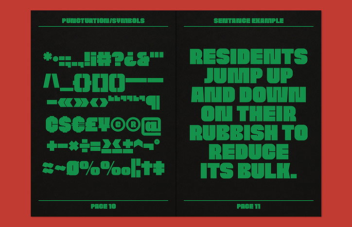 Two pages from a typeface specimen book set against a red background. The left page displays a grid of green punctuation and symbols, while the right page shows a sentence example that reads “RESIDENTS JUMP UP AND DOWN ON THEIR RUBBISH TO REDUCE ITS BULK.”