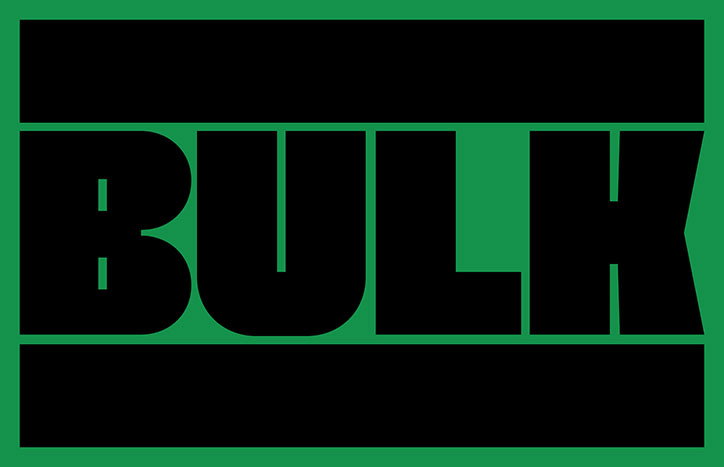 A bold graphic in green and black featuring the word “BULK” in heavy, black block lettering. The text is sandwiched between two thick black horizontal bars against a bright green background.