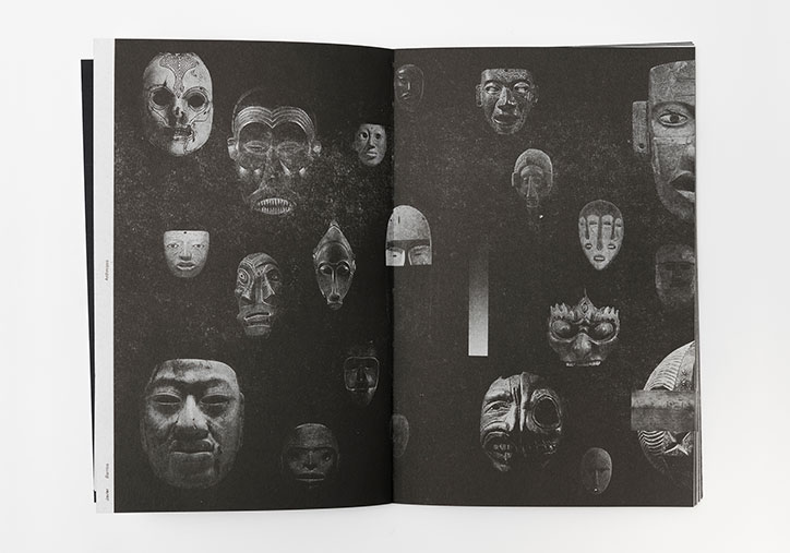 An open book displays a black-and-white spread featuring a collection of various traditional masks. The masks vary in size and style, floating against a dark, textured background.