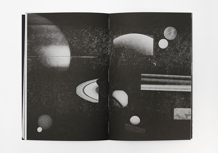A black and white collage across two open book pages shows various celestial bodies. Grainy images of planets, moons and rings are scattered across a dark, starry background.