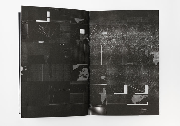 An open book shows a black and white abstract composition across two pages. The design features a mix of geometric shapes, dotted grids, and fragmented map silhouettes.