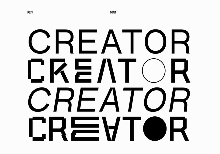 A typographic study featuring the word “CREATOR” repeated in four rows of black text on a white background. The letters shift from a clean sans-serif font to increasingly distorted and abstract forms.