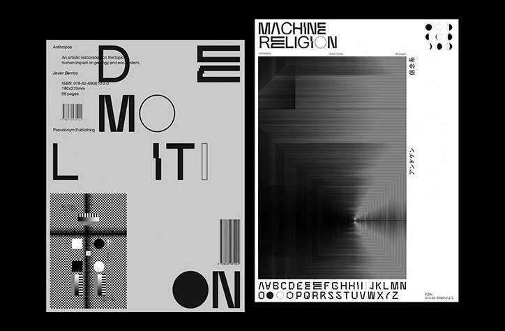 Two book covers in black and white. The first features the word “DEMOLITION” broken across the page in a bold, sans-serif typeface. The second is titled “Machine Religion” and shows a distorted, tunnel-like 3D render above a custom alphabet.